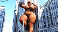 breasts giantess nude city blonde huge_breasts leaning_against_building between_fingers looking_at_tiny digital_render dinner-kun