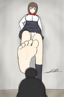 drawing panties feet color toes barefoot brunette pantyshot dress shrunken_man looking_down raised_foot imminent_crush looking_at_tiny yamumil