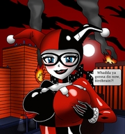 drawing giantess blushing city color destruction harley_quinn dc_comics jimmy144 red_robin tim_drake between_breasts