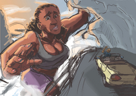 breasts drawing giantess mega color cleavage shorts vehicles dark_skin sunset looking_at_tiny benboston