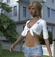 blonde long_hair clothed cleavage ponytail sitting navel belly shorts walking shrunken_man runswithferrets necklace digital_render crop_top belly_chain