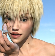 gentle giantess blonde butt blue_eyes clothed handheld multiple_sizes ponytail shorts women runswithferrets top digital_render