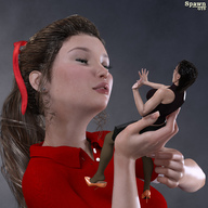 gentle black_hair long_hair clothed handheld skirt high_heels brunette stockings shrunken_woman tanktop spawngts digital_render afraid