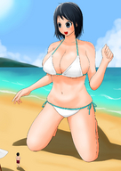 drawing giantess color swimsuit beach cleavage huge_breasts kneeling orenji