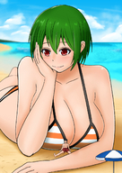 drawing gentle giantess color swimsuit beach cleavage red_eyes green_hair lying_down orenji
