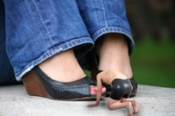 collage clothed barefoot high_heels jeans foot_worship sitting kneeling shrunken_man pedicure rubber_shorts