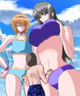 bikini drawing black_hair color volleyball mini_giantess looking_down giantesses orange_hair source_needed beach_volleyball_player looking_at_tiny