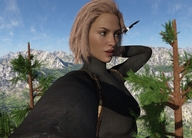 giantess blonde short_hair mountains runswithferrets catsuit point_of_view tress looking_away eagle digital_render
