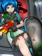 micro feet blue_eyes gun blue_hair shoes blood smiling socks death messy mspaintgts vela jet_force_gemini x_ray