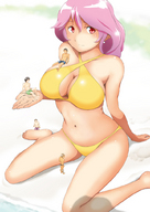 bikini drawing gentle color beach cleavage purple_hair red_eyes shrunken_people bikuta on_palm