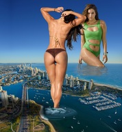 giantess collage city mega swimsuit beach ocean brunette legs skyscraper foot_print giantesses back boats sky looking_at_viewer wading waterfront barbara_palvin michelle_lewin redcoffee1