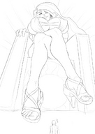 drawing giantess upskirt monochrome long_hair toes cleavage high_heels huge_breasts shoes low_angle sitting looking_down thighs throne princess_celestia looking_at_tiny anon bare_legs maarthul