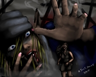 drawing giantess vore blonde color destruction blue_eyes elf lying_down running_away reaching_hand tastysnack