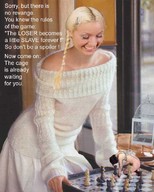 collage blonde long_hair skirt domination sitting kneeling shrunken_man cage sweater braid chessboard