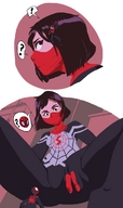 breasts drawing giantess mega comic black_hair color asian mask costume in_hair miles_morales spider-man marvel_comics cindy_moon silk emmacat64
