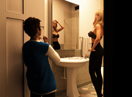 gentle blonde long_hair clothed cleavage bra amazon nylons standing reflection bathroom mirror digital_render openhighhat horuvex primping