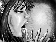 drawing nude vore monochrome handheld shrunken_man open_mouth cat_girl tastysnack on_palm