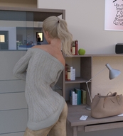 blonde long_hair clothed ponytail shrunken_man standing books desk sweater runswithferrets digital_render contained domibation