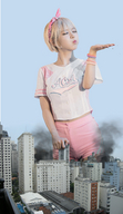 giantess collage city blonde destruction handheld asian unknown_artist belly short_shorts falling smoke thighs earrings bracelet source_needed blowing_on são_paulo bandanna