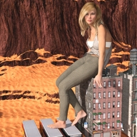 gentle giantess blonde long_hair clothed barefoot buildings tube_top desert sitting town buses top digital_render stretch_pants inkonitoman