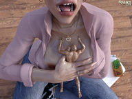nipples gentle aroused handheld barefoot cleavage jeans open_mouth naked_man shirt spawngts necklace digital_render west bald sgrunken_man bbreasts