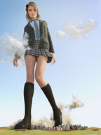 giga city blonde destruction skirt smiling short_hair boots rose uniform walking tie smoke clouds sky sorenzer0 digital_render