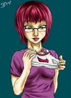 drawing gentle color tongue glasses yellow_eyes in_shoe pink_hair shrunken_man sneakers looking_at_tiny 3fy