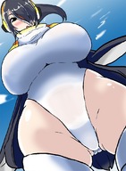 drawing blushing black_hair swimsuit anime brown_eyes unknown_artist headphones looking_down open_mouth point_of_view thigh_highs looking_at_viewer source_needed