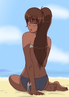 bikini drawing gentle color long_hair butt clothed beach barefoot brunette ponytail sitting shrunken_man lotion looking_back sunbathing display_this_anyway