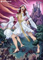 breasts drawing nipples giantess color long_hair clothed barefoot cleavage military castle domination red_hair dress cruel giantesses women horses giantessfan trampling