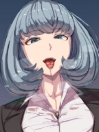 drawing color tongue blue_eyes saliva blue_hair shrunken_woman open_mouth looking_at_tiny kazo between_breasts