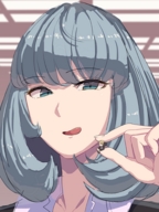 drawing color tongue blue_eyes blue_hair shrunken_woman between_fingers looking_at_tiny kazo