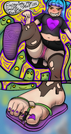 drawing micro panties feet upskirt color skirt blue_hair sweat yellow_eyes sandals foot_crush striped_panties miniskirt purple_nails mspaintgts hosiery