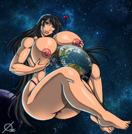 drawing nipples earth black_hair color long_hair butt blue_eyes planet barefoot huge_breasts smiling thong heart hugging curled_up earrings semi_nude winking cosmic_giantess aliessa between_breasts