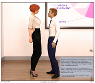 gentle clothed high_heels glasses story red_hair office shrunken_man standing shirt digital_render openhighhat narration