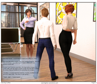 gentle clothed cleavage skirt high_heels glasses brunette multiple_sizes story red_hair office shrunken_man shirt digital_render openhighhat narration