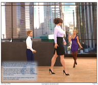 gentle blonde long_hair clothed skirt high_heels glasses brunette story ponytail dress office walking shrunken_man shirt digital_render openhighhat narration