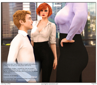 gentle clothed cleavage glasses multiple_sizes story red_hair office shrunken_man standing digital_render openhighhat narration