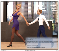 gentle blonde long_hair clothed high_heels glasses story ponytail office walking shrunken_man looking_back holding_hands digital_render openhighhat narration
