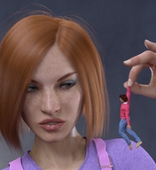 clothed handheld green_eyes red_hair shrunken_man dangle runswithferrets digital_render