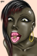 drawing nude vore black_hair color tongue yellow_eyes shrunken_man looking_down open_mouth dark_skin earrings 3fy