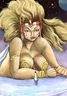 drawing giantess blonde color large_breasts long_hair blue_eyes clothed cleavage goddess lying_down headdress grim1978