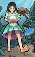 drawing giantess micro black_hair color barefoot water green_eyes underwater dress walking lifting alice_in_wonderland madness_returns siren mspaintgts hovering alice_liddell mushrooms