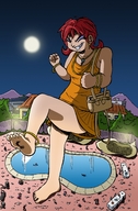 drawing giantess color barefoot red_hair pool orange_dress dabbaart