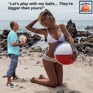 bikini gentle collage blonde clothed beach cleavage ocean volleyball mini_giantess kneeling standing tattoo dialogue squeezemeflat beach_ball