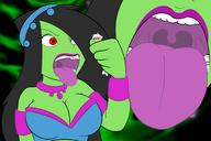 drawing giantess black_hair color tongue handheld cleavage red_eyes cartoon open_mouth zoom imminent_vore green_skin danny_phantom desiree kyudude