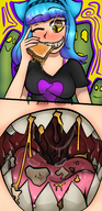 drawing micro color mouth saliva blue_hair blood yellow_eyes gore hard_vore eating open_mouth food cruel chew sharp_teeth chewing mspaintgts grilled_cheese