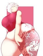 drawing giantess white_hair color huge_breasts leggings trapped thick_thighs thaddeusmcboosh