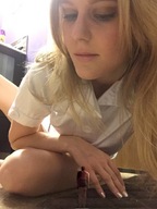 gentle collage blonde long_hair clothed kneeling shrunken_man standing manicure shirt looling_down