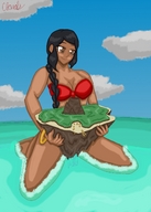 bikini drawing giantess black_hair color handheld ocean island kneeling braid whitestormclouds